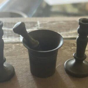 C 1900 Miniature Brass Apothecary Pharmacists Mortan & Pestle and Candlesticks